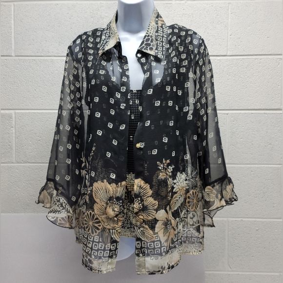 NICOLA Tops - Nicola Sz 14 XL Gold Black Sophisticated Floral and Blocks Blouse Shirt...